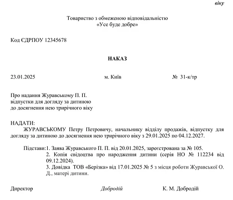 Зразок наказу по догляду за дитиною до 3 років: оформлення та поради