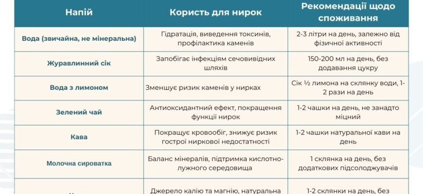 Оптимальні напої для підтримки здоров’я нирок: рекомендації та поради